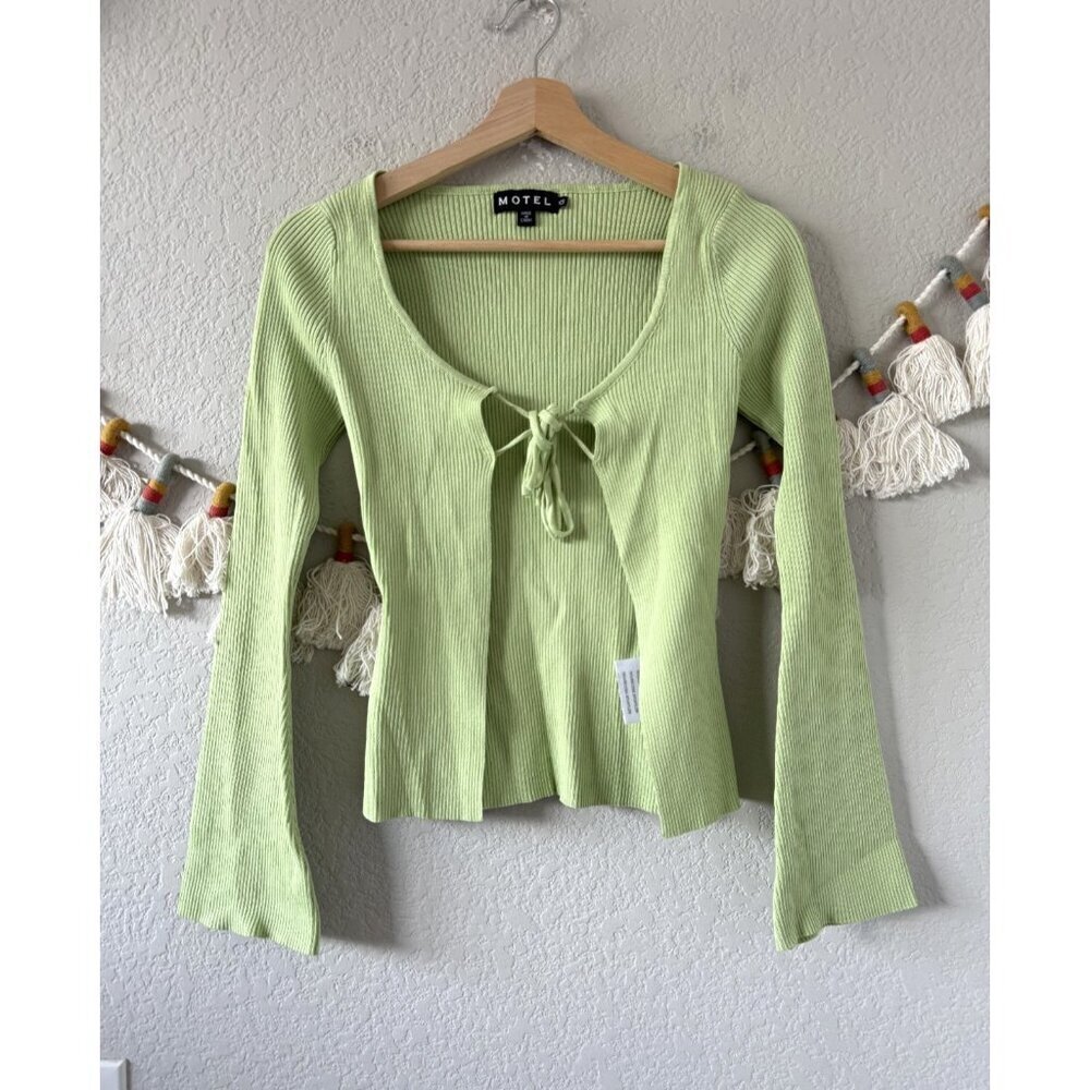 Motel Sujata Ribbed Knit Pastel Lime Tie Front Long Sleeve Cardigan Top Coquette